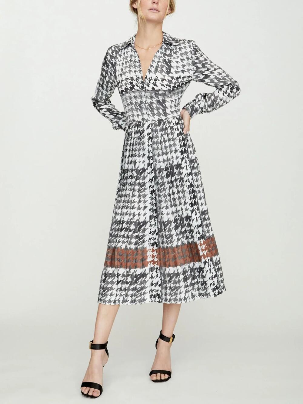 Brochu Walker Laua Pleated Dress White Black Houndstooth Small